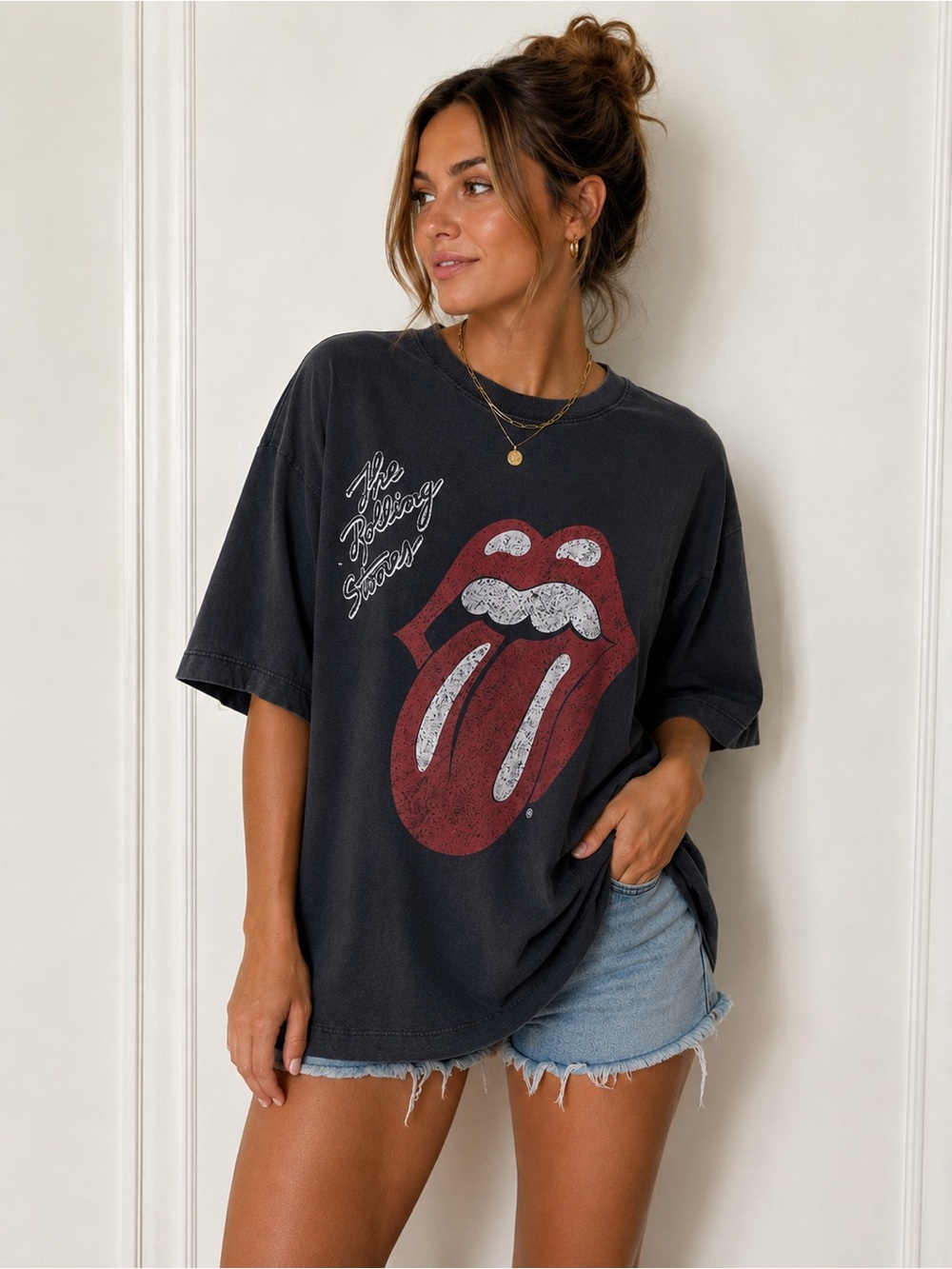 Rolling Stones LCN Boxy Graphic Tee XS Black Faded Vintage Wash